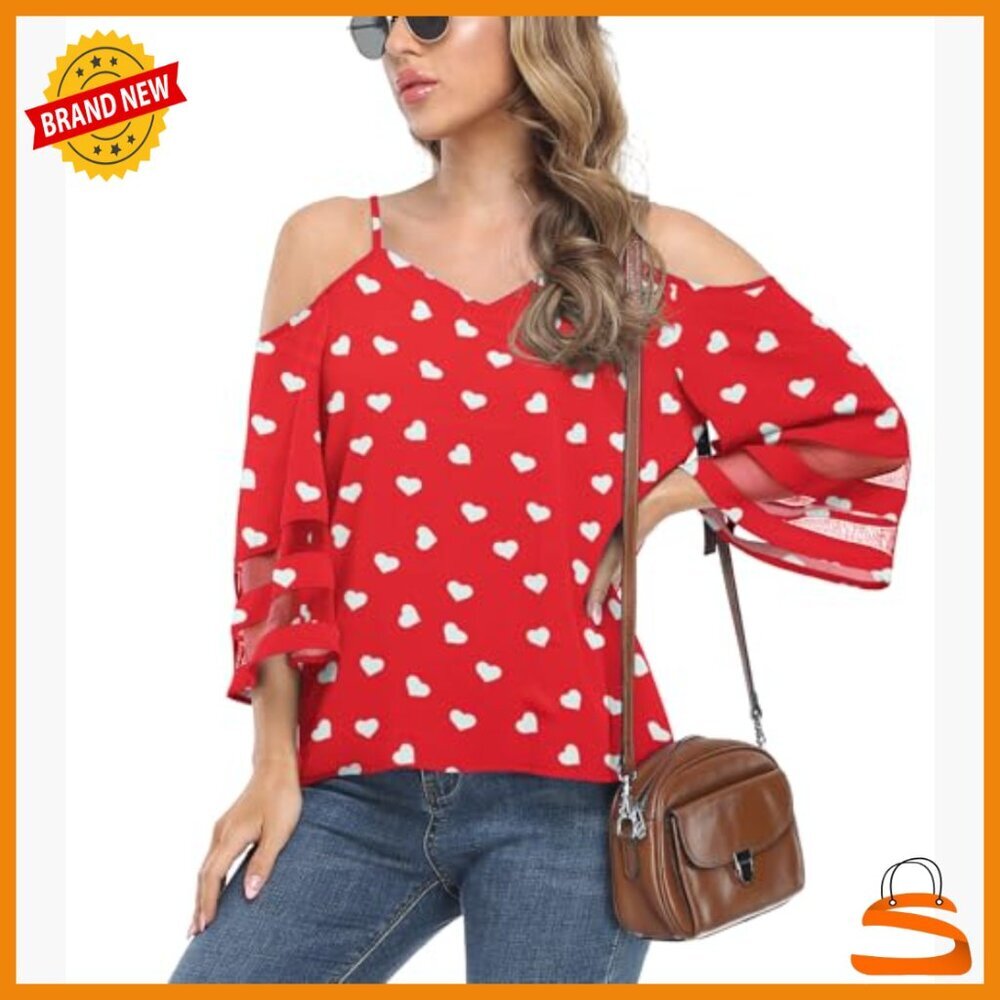 Women's Cold Shoulder Mesh Bell Sleeve Tee Adjustable Strap Loose Fit Top - Picture 3 of 7